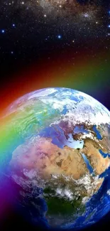 Earth with rainbow arc against a starry space backdrop.