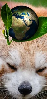 Serene red panda with globe and leaves, symbolizing nature's harmony.