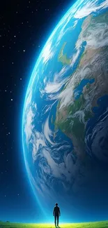 Person stares at illuminated Earth from space.