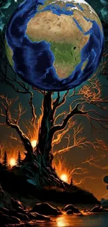 Mystical tree with Earth above in a fantasy art scene.