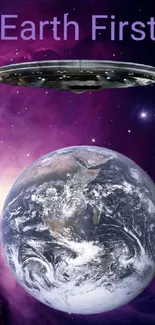 Earth with UFO in a galaxy background, featuring vibrant purple shades.