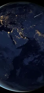 Earth from space at night with illuminated cities and dark ocean, mobile wallpaper.