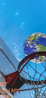 Globe as basketball in hoop against blue sky.