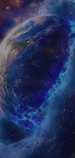 Exploding Earth in vibrant blue cosmic scene wallpaper.