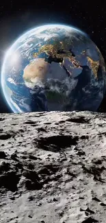 Earth seen from the Moon with starry cosmic background.