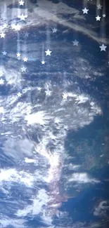 Earth from space with stars in a dark blue celestial theme.