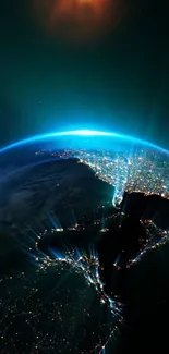 Stunning Earth from space illuminated in dark blue and vibrant lights.