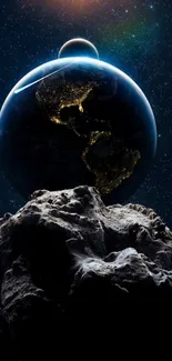 Mobile wallpaper showing Earth from space with glowing continents and rocky foreground.