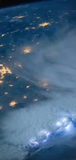 Stunning view of Earth from space with illuminated city lights and swirling clouds.