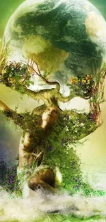 Fantasy artwork of an Earth goddess holding the planet, filled with nature elements.