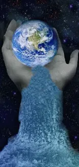 A cosmic hand holds Earth against a starry night sky, flowing water effect included.