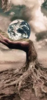 Fantasy art with earth in hand and tree roots extending below.