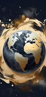 Artistic globe with gold swirling design on a navy background.