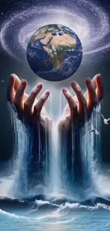 Hands cradling Earth with cosmic water.