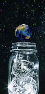 Mobile wallpaper of Earth floating above a glowing jar against a starry sky.