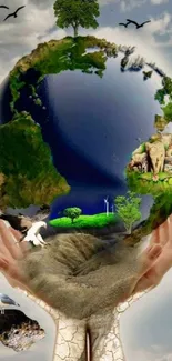 Earth held in hands with nature elements, animals, and a sky background.