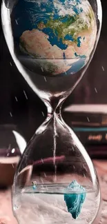 Earth and melting iceberg in a symbolic hourglass design.