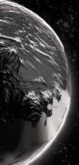 Black and white Earth in space with stars background.