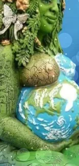 Green Earth Mother figure holding globe against blue backdrop.