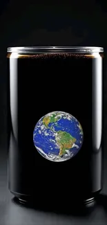 Soda can with Earth design on a black background.