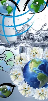 Illustrated Earth with flowers and water splash.