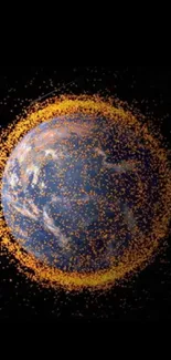 Mobile wallpaper of Earth with surrounding space debris on a black background.