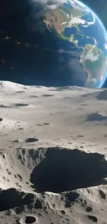 View of Earth from the moon's cratered surface.