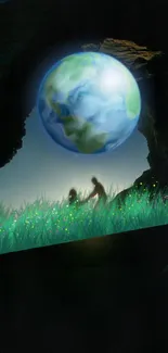 A beautiful view of Earth through a cave with glowing grass and silhouettes.