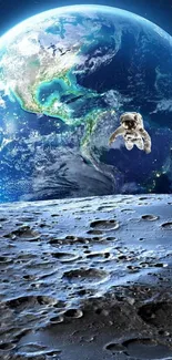 Astronaut floating over moon with Earth in the background.