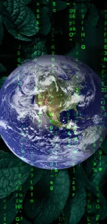 Earth with green digital matrix code in the background, creating a tech theme.