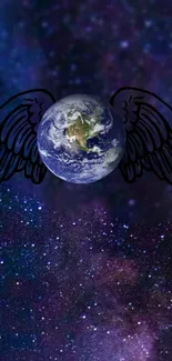 Earth with black wings over a starry cosmic background.