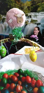 Easter egg basket with waterfall background.