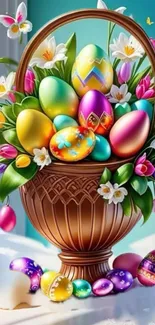 Easter basket with colorful eggs and flowers as a vibrant wallpaper.