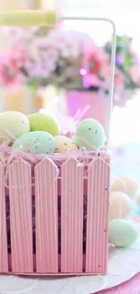 Pastel Easter basket with colorful eggs and flowers for mobile wallpaper.