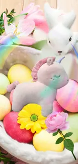 Whimsical Easter wallpaper with unicorn, bunny, and colorful eggs in a basket.