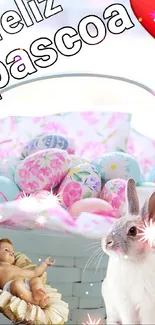 Easter basket with eggs and bunny, heart, and 'feliz pascoa' text.