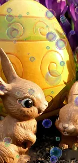 Charming Easter clay bunnies with decorative egg and bubbles.