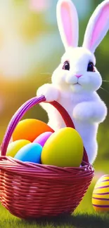 Rabbit with Easter eggs in a basket on green grass.