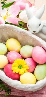 Easter bunny with colorful eggs in basket.