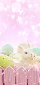 Cute bunny surrounded by Easter eggs on pink sparkling background.