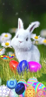 Easter bunny with colorful eggs and daisies in green field.