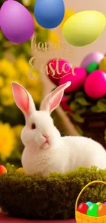 Easter bunny with colorful eggs and flowers on a festive background.