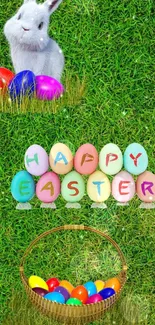 Easter wallpaper with rabbit, eggs, and green grass background.