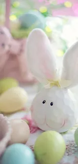 Cute Easter bunny surrounded by pastel eggs.