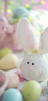 Easter bunny with pastel eggs on a festive background.