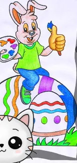 Cartoon Easter Bunny on colorful egg with a cute cat illustration.