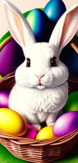 White bunny with Easter eggs in a basket.