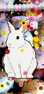 Easter bunny with colorful eggs and flowers wallpaper.