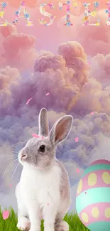 Cute Easter bunny with egg and pastel clouds background.