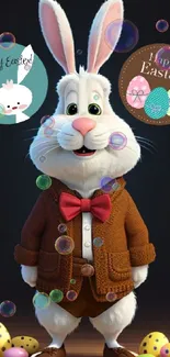 Cute bunny in brown coat with Easter eggs and festive backdrop.